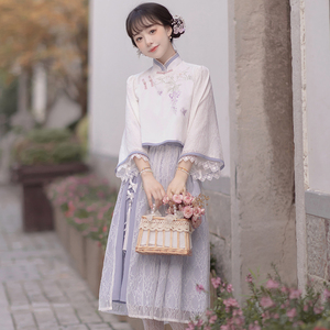 原创紫藤思改良汉服女新中式汉元素日常上衣半裙绣花两件套春夏