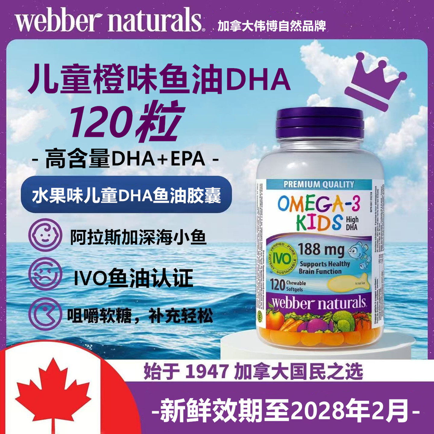 加拿大Webber Naturals伟博橙味爆浆小鱼Omega 3儿童鱼油DHA120粒