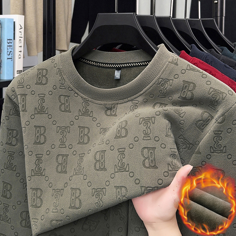 舒适双面澳粒绒男士圆领卫衣男加绒加厚冬季新款休闲保暖打底衫T