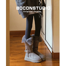 油叽叽~灰色长筒雪地靴女秋冬加绒厚底中筒保暖毛毛棉鞋高筒靴子