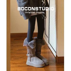 油叽叽~灰色长筒雪地靴女秋冬加绒厚底中筒保暖毛毛棉鞋高筒靴子