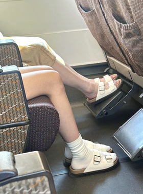 【限时88】白色勃肯鞋女夏外穿半拖鞋真皮博肯鞋女式一字带凉拖鞋