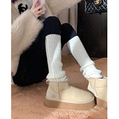 阿谬miu家 雪地靴女秋冬季 加绒保暖白色棉靴厚底增高真皮短筒靴子