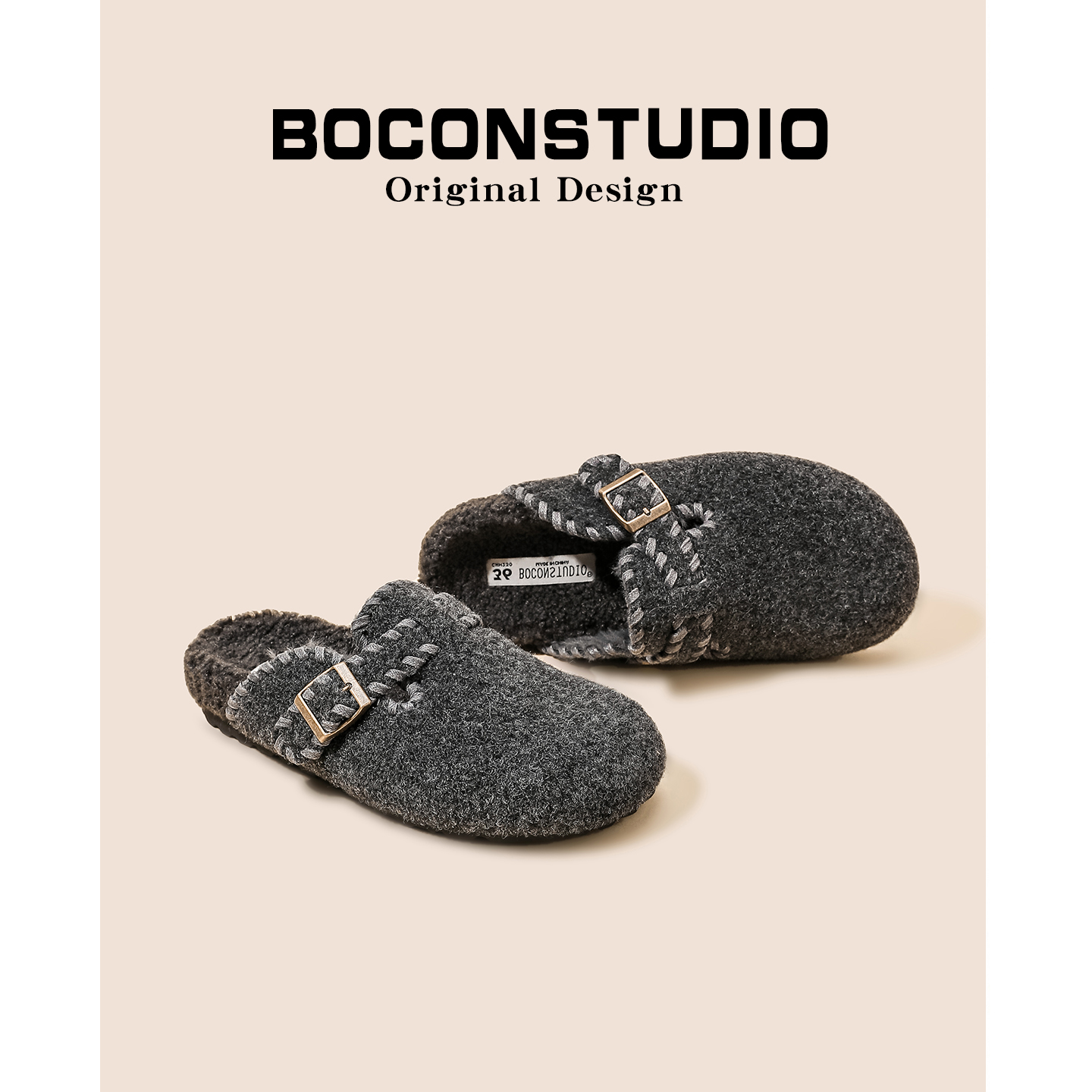 加绒灰色勃肯鞋女外穿2025新款秋冬保暖毛毛鞋厚底毛毡包头拖鞋子