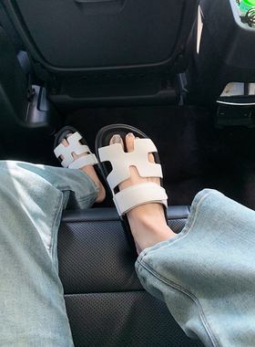 踩屎感~真皮二舅h拖鞋女夏外穿2026新款厚底魔术贴平底一字带凉拖