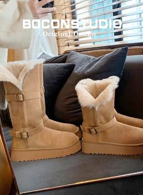 油叽叽~保暖雪地靴女加绒毛毛冬季雪地棉鞋内增高中筒厚底长筒靴