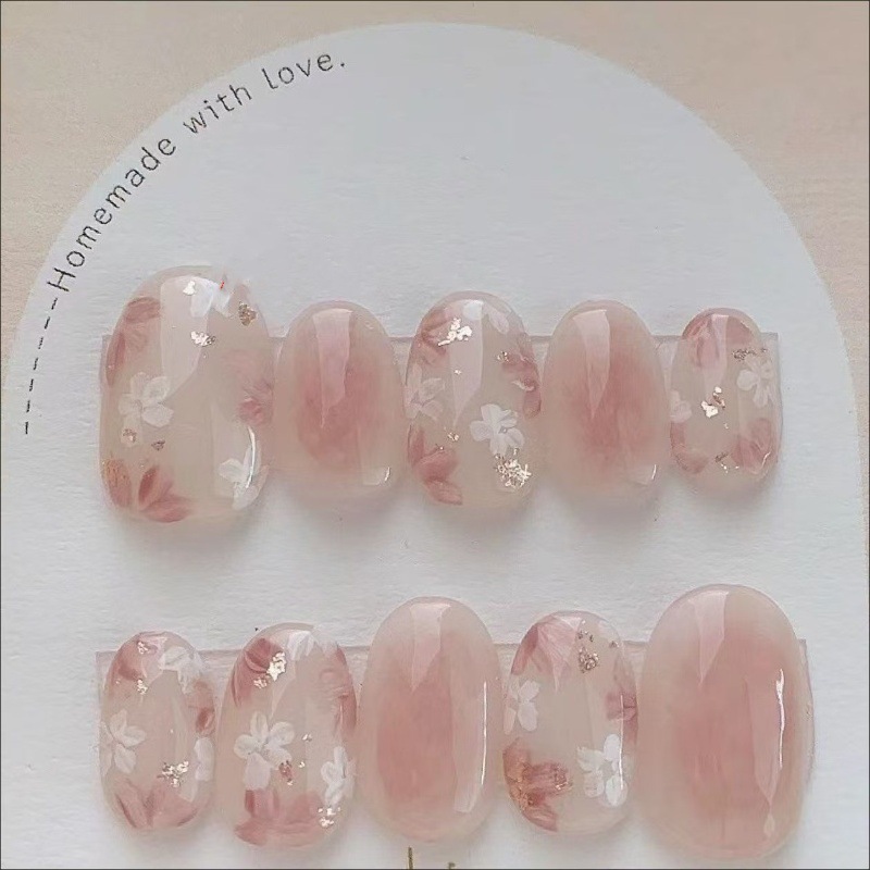 纯手工豆沙腮红手绘小花花巨显白成品指甲贴片新款美甲穿戴甲