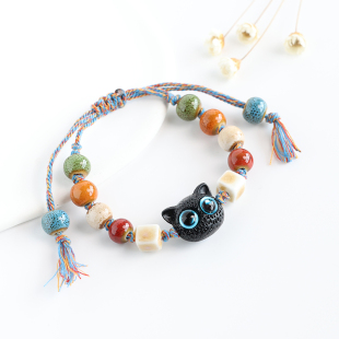 卡通可爱萌酷猫咪手串景德镇陶瓷手链女瓷珠串珠编织情侣手绳礼物