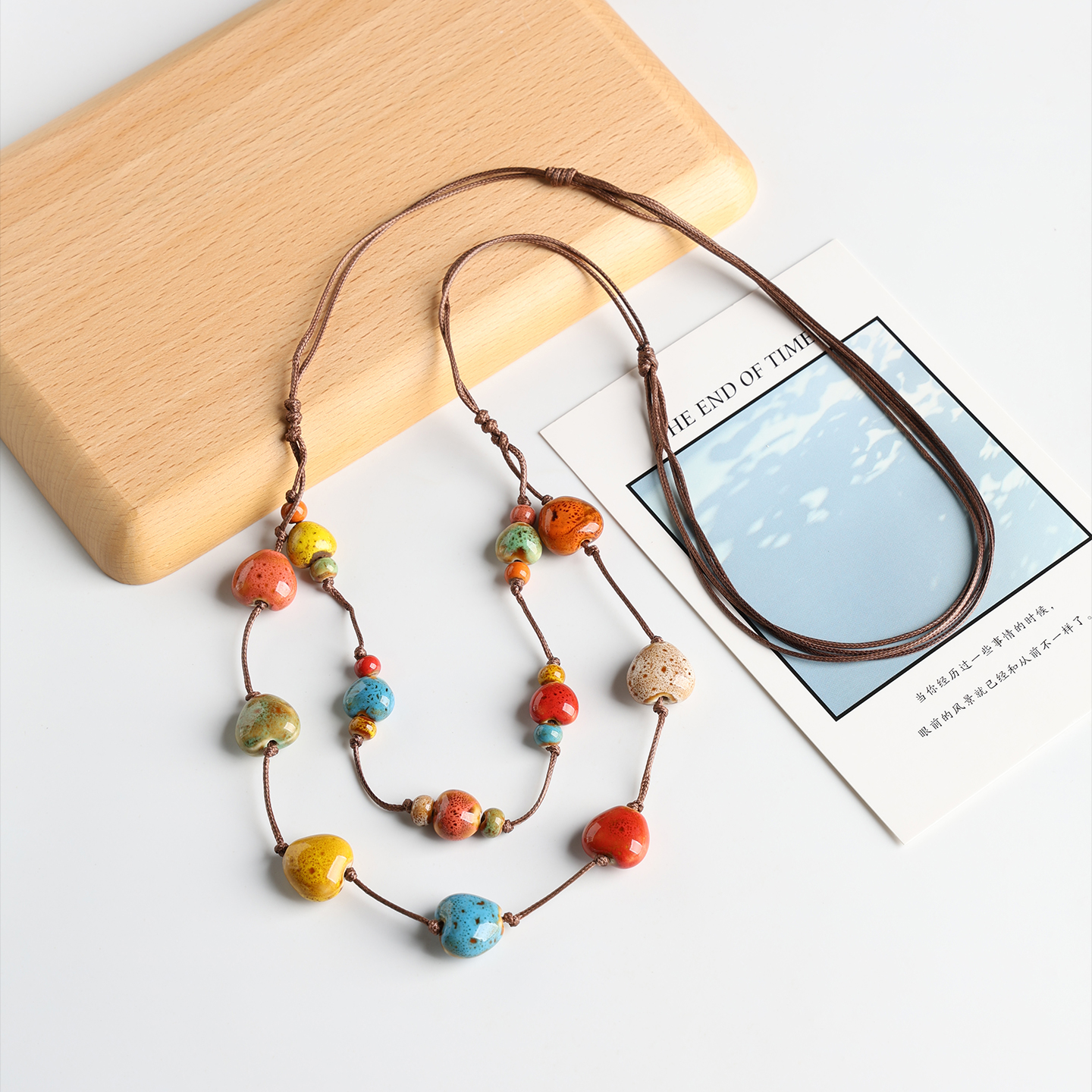 景德镇陶瓷项链毛衣链长款瓷珠编织双层爱心吊坠民族风饰品配饰女