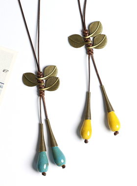 简约百搭气质冬新款项链女陶瓷串珠毛衣链长款民族风国潮古风配饰