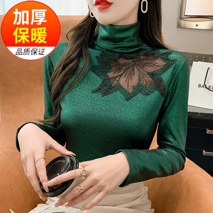 加绒保暖欧货女装秋冬新款烫金高领打底衫镂空长袖t桖修身上衣女_虎窝淘