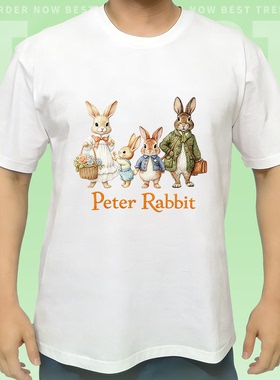 Peter Rabbit仿刺绣彼得兔夏季纯棉短袖T恤男女宽松印花潮流百搭