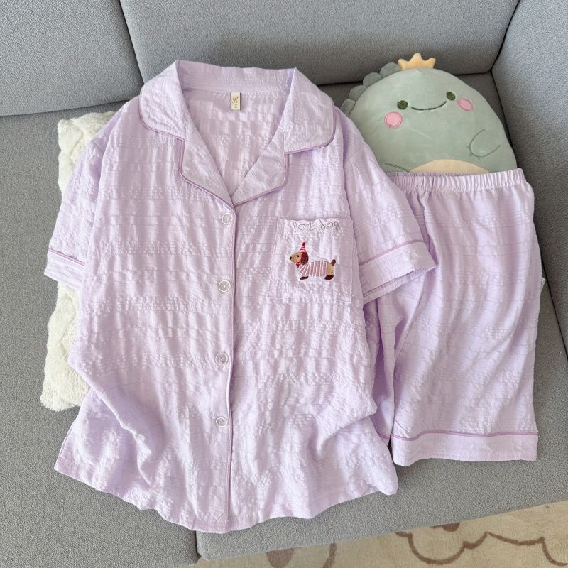 云朵纯棉纱睡衣女款2026新款夏季短袖学生卡通可爱家居服套装紫色