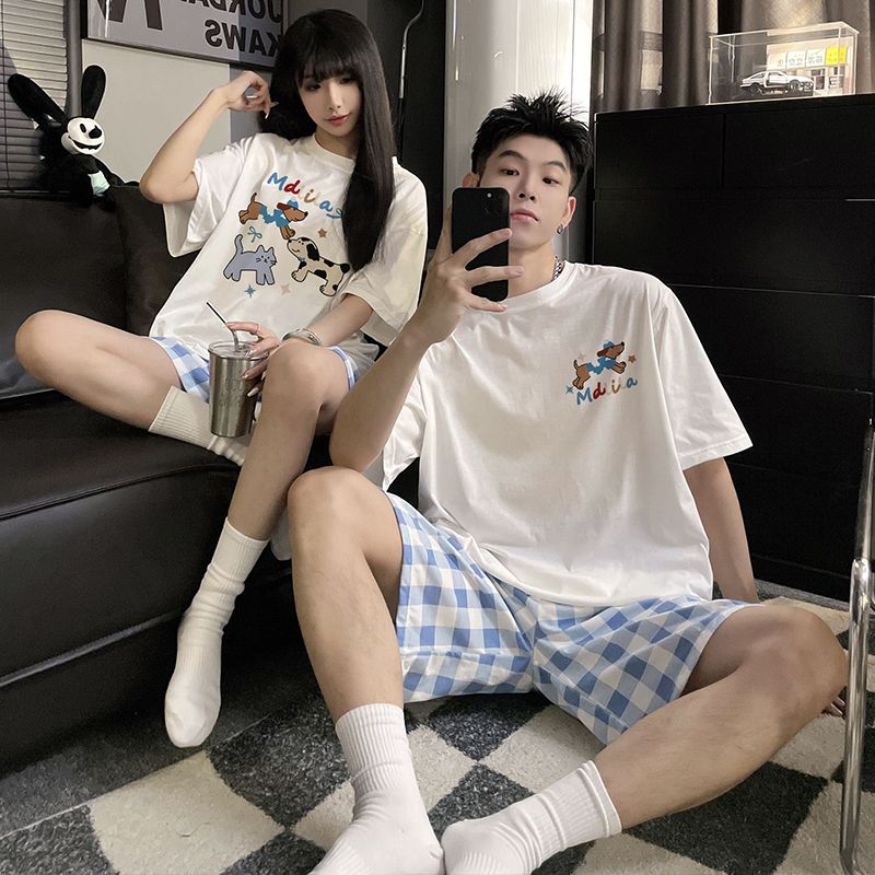 情侣睡衣女夏季纯棉短袖圆领2025新款可爱卡通大码男土家居服套装