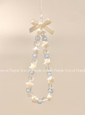 Purple forest原创。银白蝴蝶结星星蓝色啵啵手机链cdd拍立得挂绳