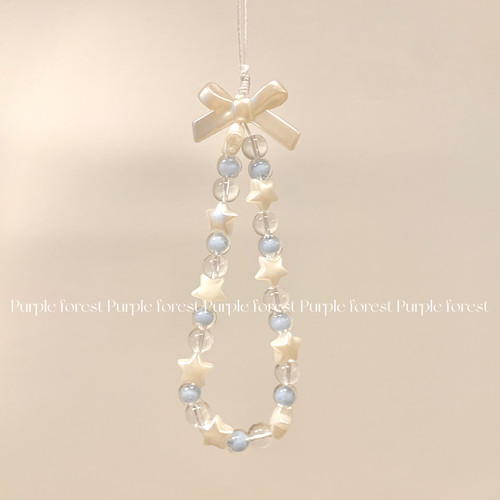 Purple forest原创。银白蝴蝶结星星蓝色啵啵手机链cdd拍立得挂绳