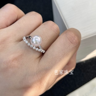 芭家珠宝 日本akoya海水中珍珠925纯银戒指 T家新款