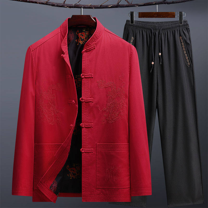 爷爷红色中式唐装套装爸爸外套春秋季老人中老年人中国风男中山装,男装,中山装,淘宝优惠券,粉丝福利购,淘宝优惠卷