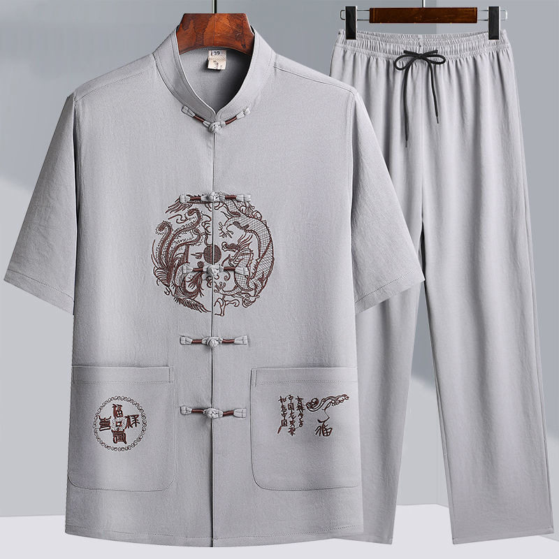 中老年唐装男爸爸装短袖套装夏季薄款爷爷过寿婚礼老年人生日衣服,男装,中山装,淘宝优惠券,粉丝福利购,淘宝优惠卷