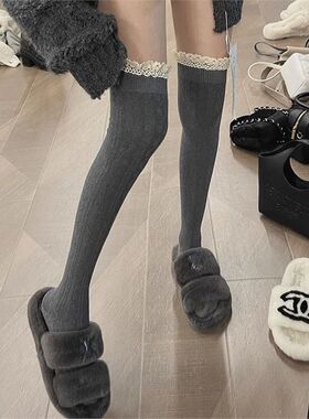 灰色过膝袜女秋冬加厚保暖大腿袜微压带脚型高筒袜日系jk长筒袜子