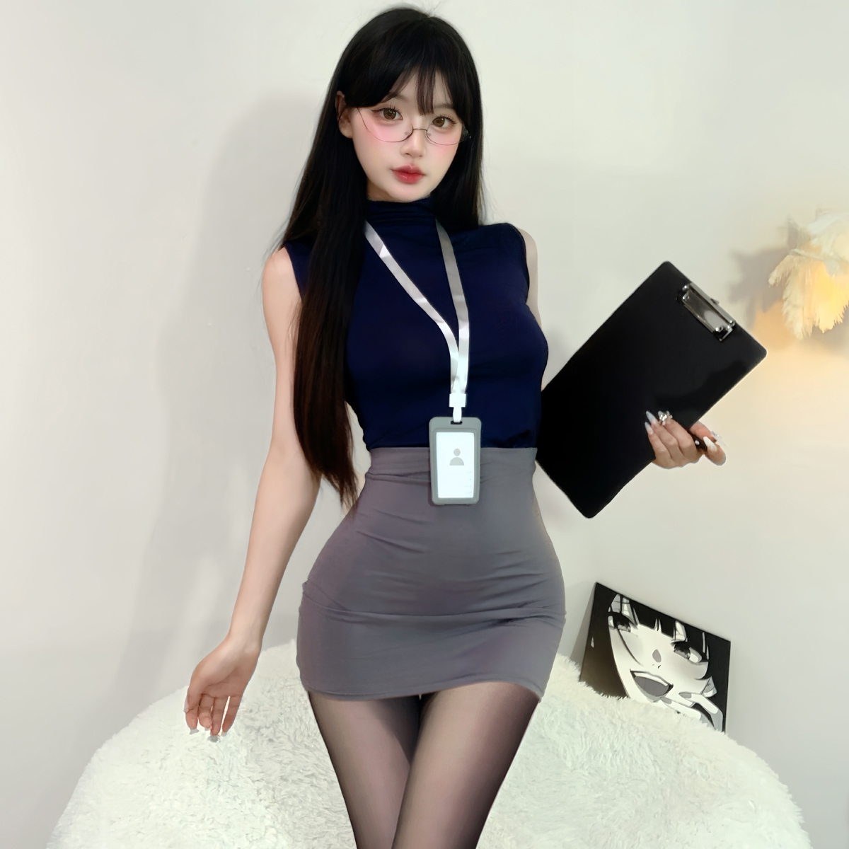 性感辣妹圆领无袖cos秘书制服套装女士修身显瘦情调免脱包臀短裙