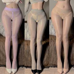 紫色极光油亮丝袜女薄款辣妹夜店性感拉链连裤打底袜油光发亮袜子