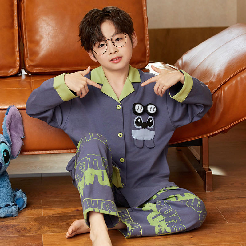 男童睡衣2026春秋款纯棉中大童男孩翻领开衫长袖大萌眼家居服套装