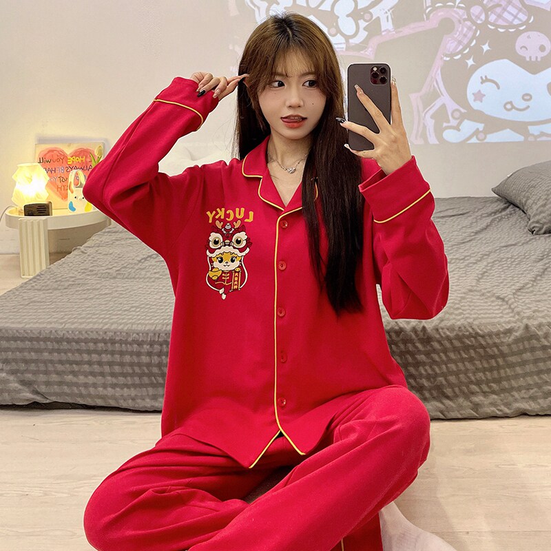 女童红色睡衣春秋季纯棉长袖本命年初中生儿童翻领家居服新年套装