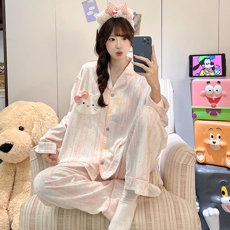 初中生女童睡衣纯棉套装春秋季新款卡通长袖大童女孩开衫款家居服
