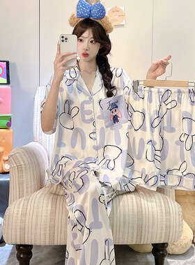 女童冰丝三件套睡衣夏季初中生胖MM空调服短袖女孩休闲家居服套装