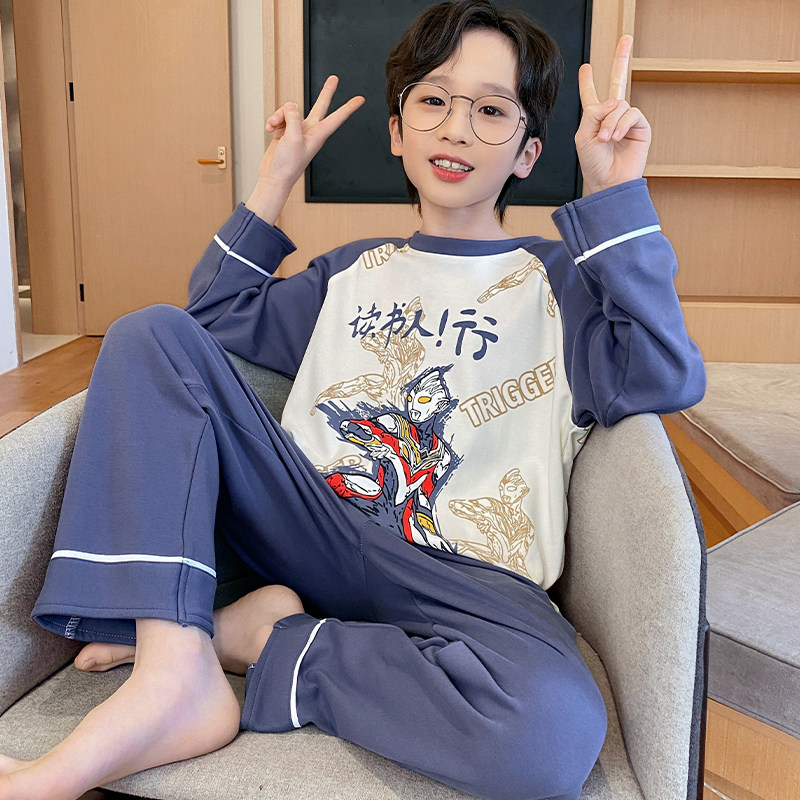 纯棉男童睡衣圆领春秋季新款中大童男孩长袖奥特曼套头家居服套装