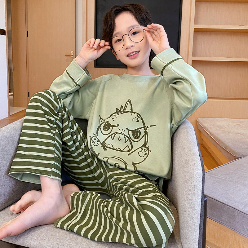 纯棉男童家居服套装圆领春秋季新款小男孩长袖恐龙套头中大童睡衣