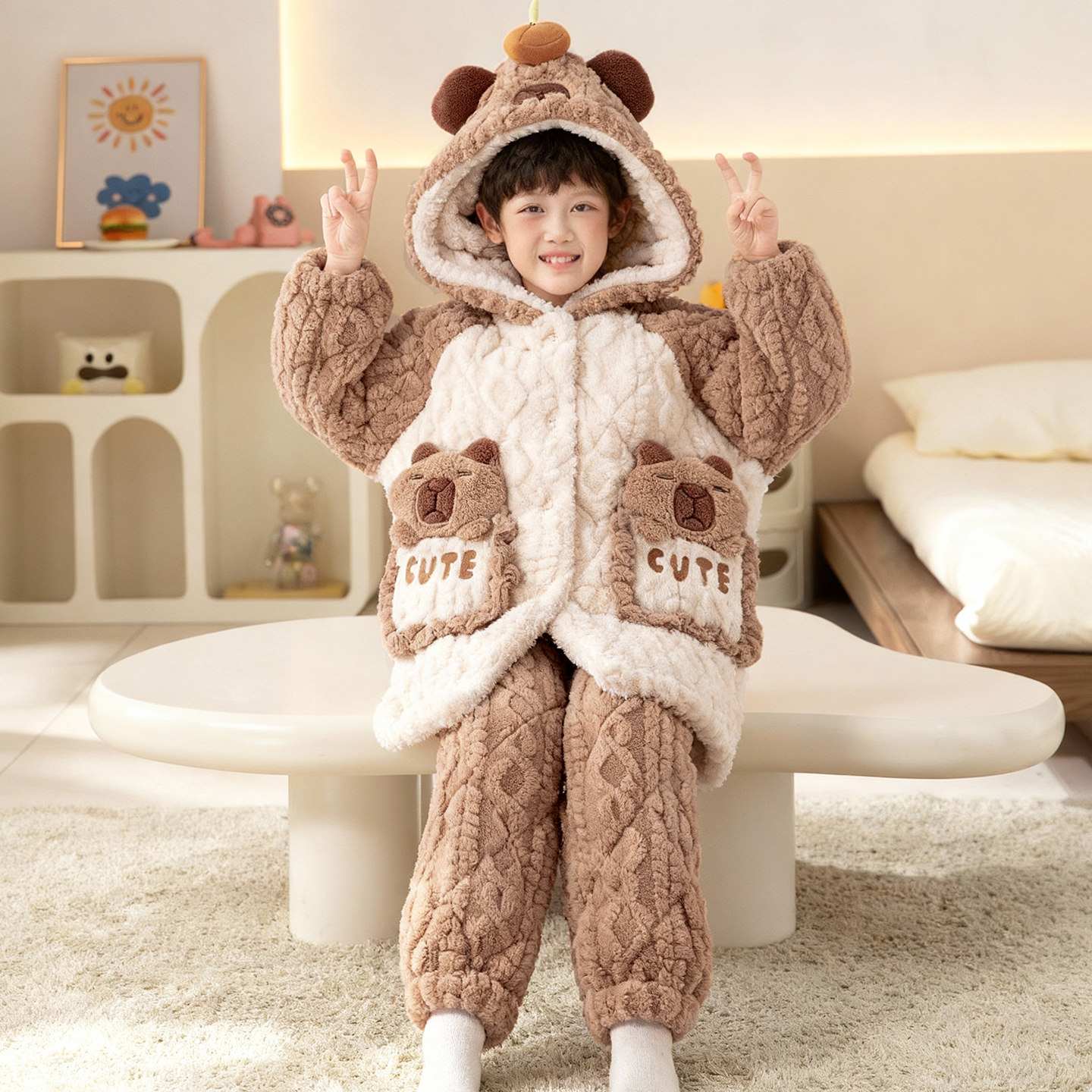 男童睡衣三层夹棉加厚新款珊瑚绒男孩中长款家居服套装可外穿睡袍