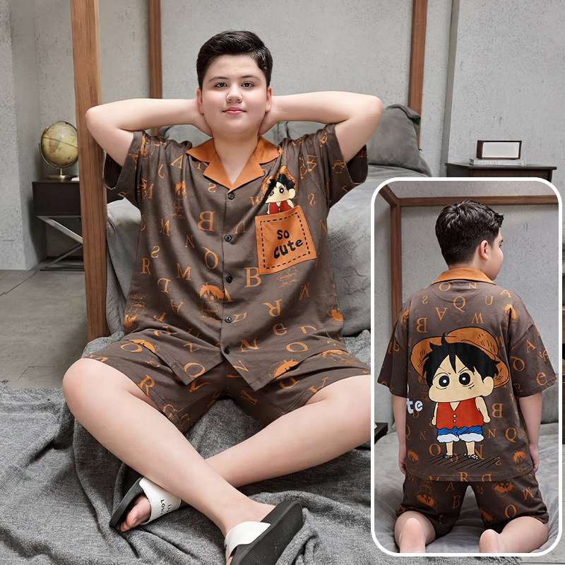 胖童睡衣新款男孩加肥加大纯棉短袖青少年套装中大童卡通款家居服