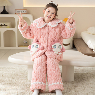 冬季女童睡衣三层夹棉加厚珊瑚绒女孩中大童保暖家居服套装可外穿