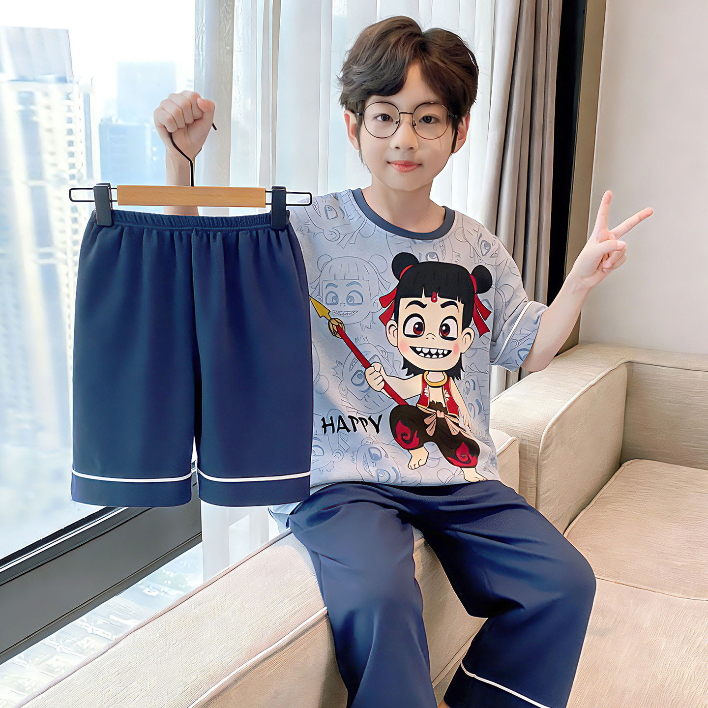 儿童新款睡衣夏天男童短袖纯棉薄款哪吒三件套6-12岁男家居服套装
