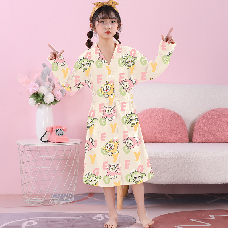 女童睡袍长袖春秋夏款精梳棉蛋仔儿童浴袍薄款睡衣女中大童家居服