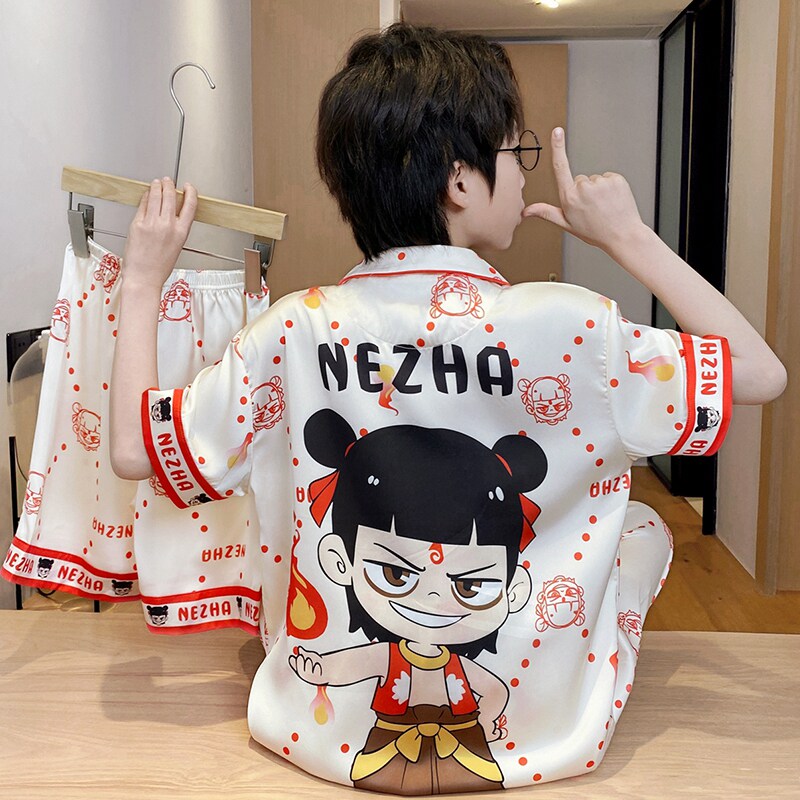 2026夏季冰丝男童睡衣凉感短袖儿童空调服中大童三件套家居服哪吒