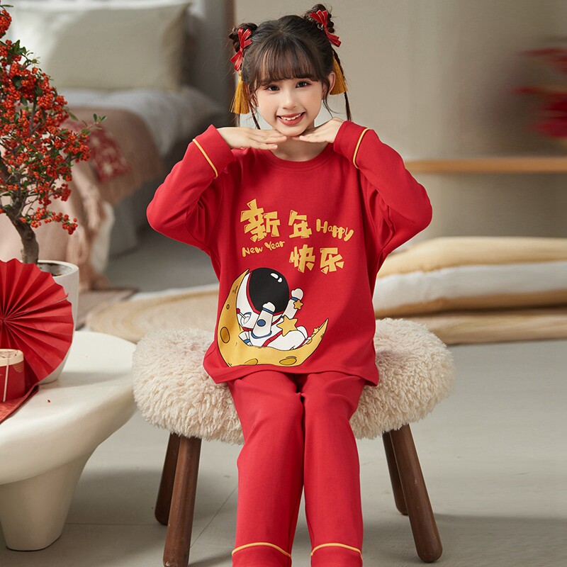 女童红色新款睡衣春秋季纯棉套头长袖女孩家居服马年儿童圆领套装