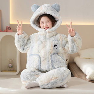 女童睡衣三层夹棉加绒加厚珊瑚绒冬季中大童女孩家居服套装可外穿