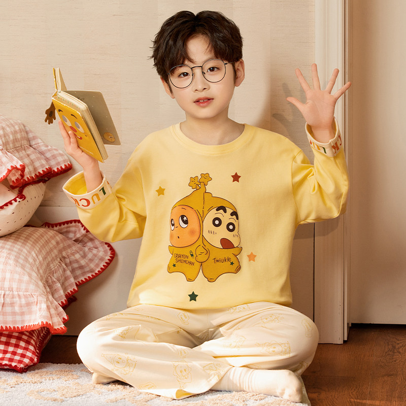 纯棉男童家居服套装圆领春秋季新款男孩长袖星星人套头中大童睡衣
