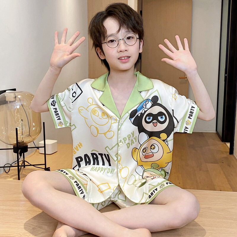 蛋仔派对男童夏季冰丝凉感短袖薄款男孩空调家居服中大童卡通套装