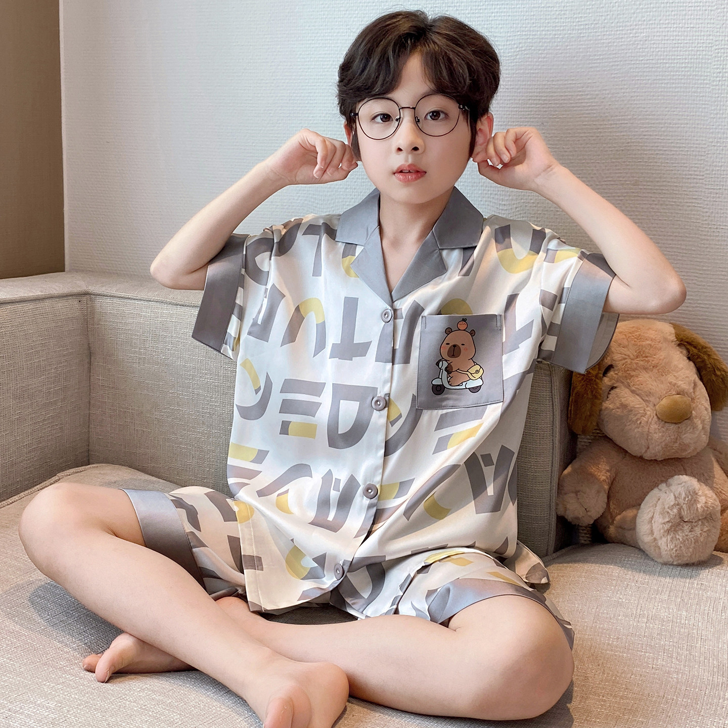 儿童冰丝睡衣2026新款男童夏季款空调服短袖中大童翻领家居服套装