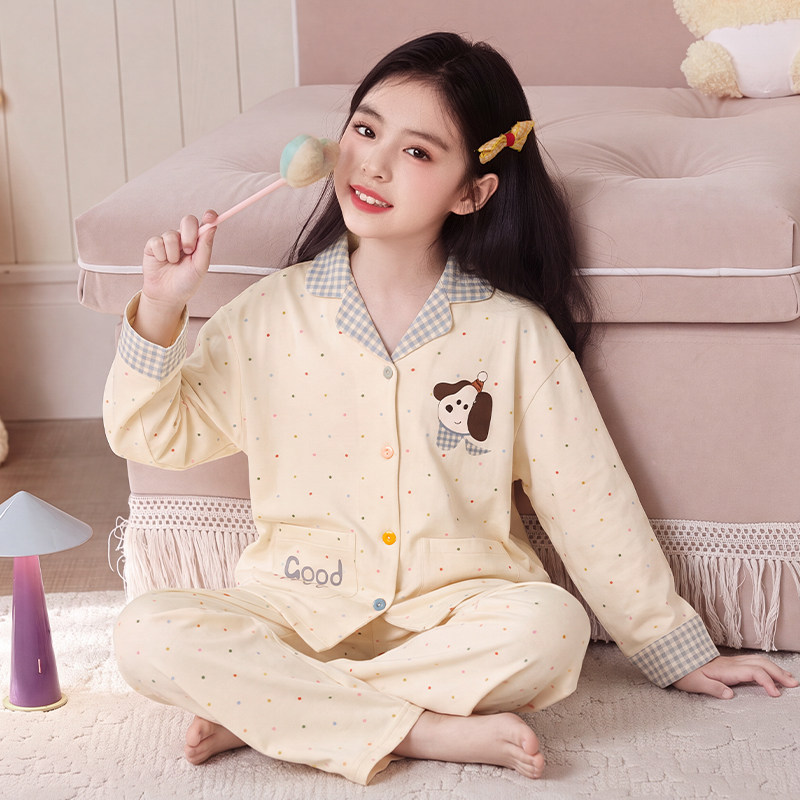 儿童睡衣春秋新款女童精梳棉长袖开衫套装中大童6-12岁女孩家居服