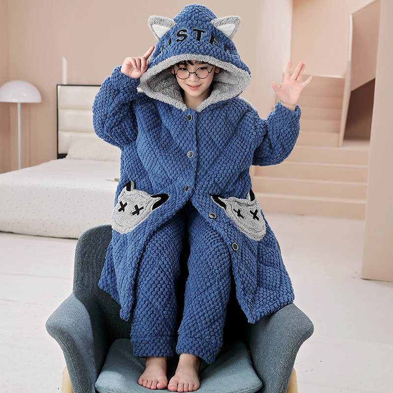 男童睡衣冬季三层夹棉加厚儿童珊瑚绒男孩中长款家居服睡袍可外穿