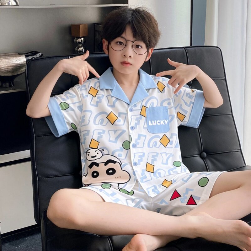 纯棉夏季男童睡衣新款翻领休闲卡通短袖薄款男孩中大童家居服套装