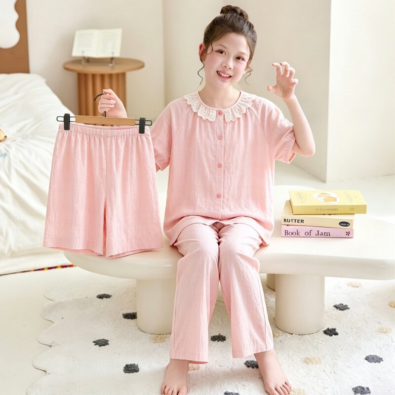 儿童睡衣女童夏季云朵棉短袖三件套空调服女中大童开衫套装家居服