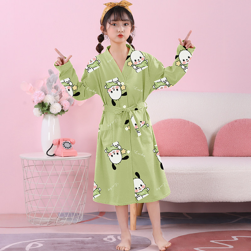 女童睡袍长袖春秋夏款精梳棉薄款睡衣可爱女中大童家居服沙滩浴袍