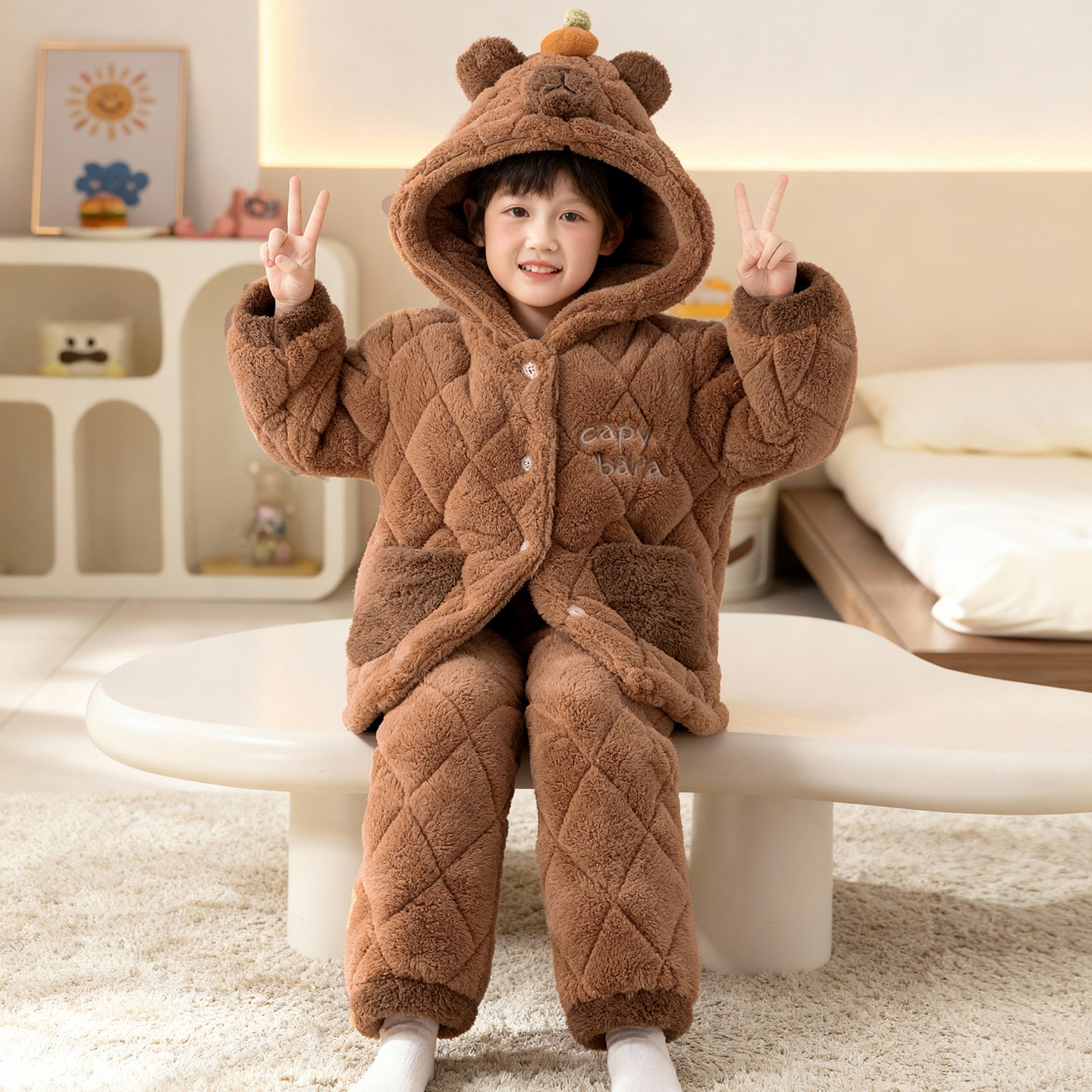 男童睡衣三层夹棉加厚冬季新款中大童珊瑚绒男孩可外穿家居服套装