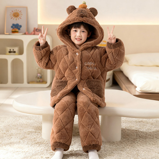 男童睡衣三层夹棉加厚冬季新款中大童珊瑚绒男孩可外穿家居服套装
